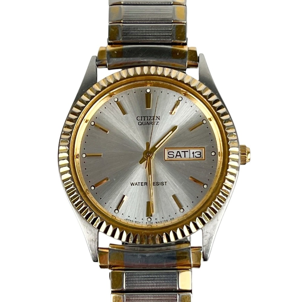 Vintage Citizen President Day Date Two Tone Watch Silver Gold Fluted Bezel